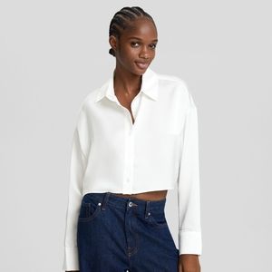 Bershka Cropped Satin Shirt in White, Size  S